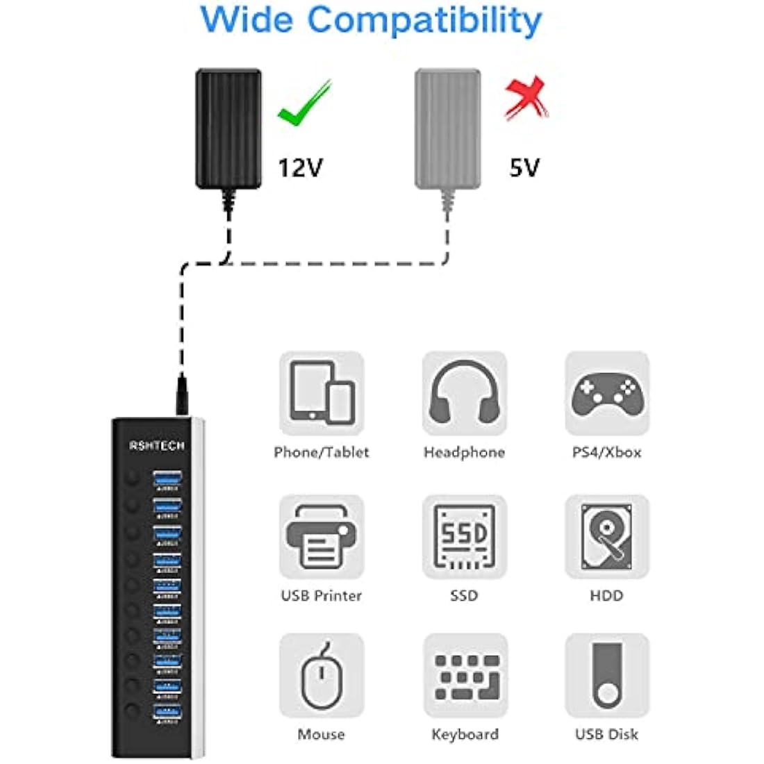 RSHTECH Powered USB 3.0 Hub Aluminum 10 Port USB 3.0 Data Hub with 12V/3A (36W) Power Adapter and Individual On/Off Switches & LED (RSH-A10)