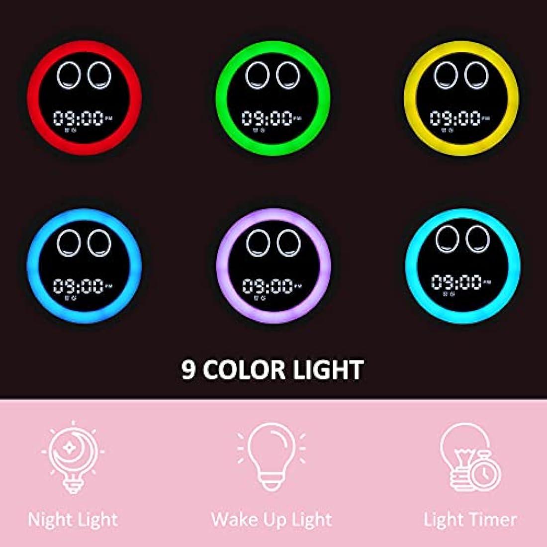 Kids Alarm Clock, Toddler Sleep Training Clock with Night Lights, Sound Machine, Time to Wake Dinosaur Alarm Clock for Children (Pink)