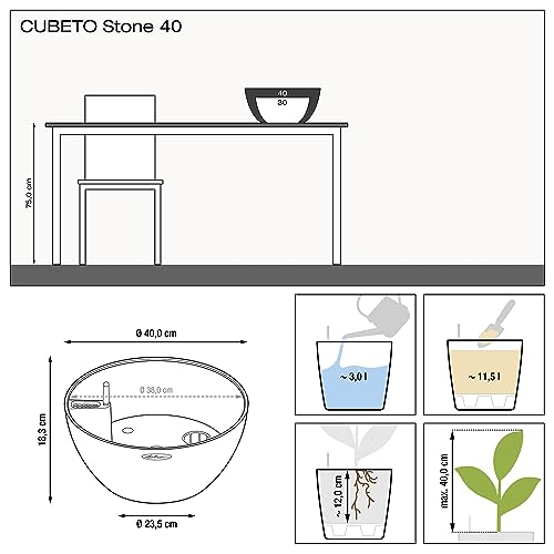 Lechuza Self Watering Plant Pot CUBETO Stone 40 Garden Flower Indoor and Outdoor Plastic Planter with Drainage Hole D40 H18 cm Graphite Black