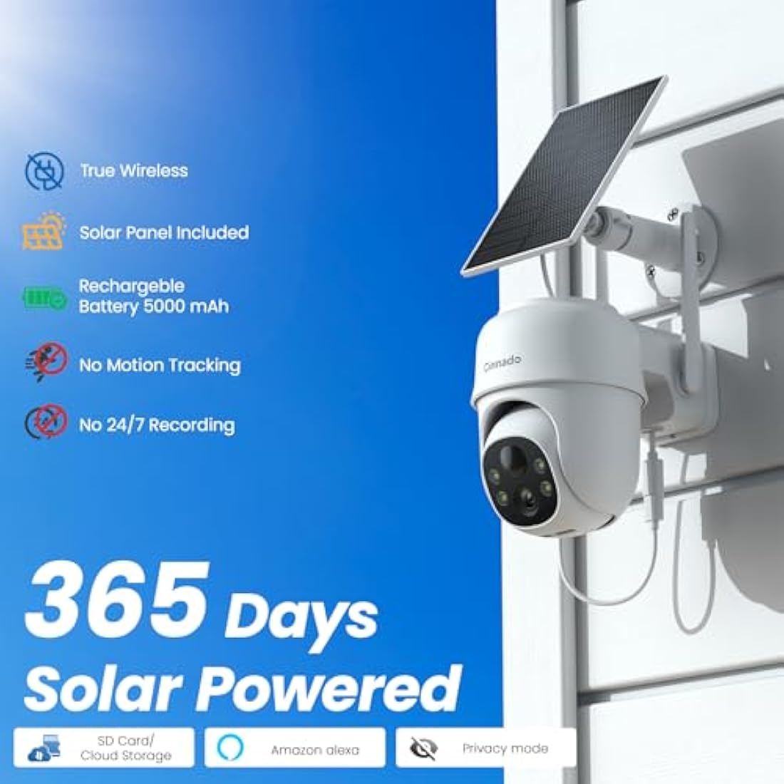 Cinnado Solar Security Camera Outdoor Wireless 2K CCTV Camera Systems House Security, Solar Battery Powered, PIR Detection, 360° Color Night Vision, Siren