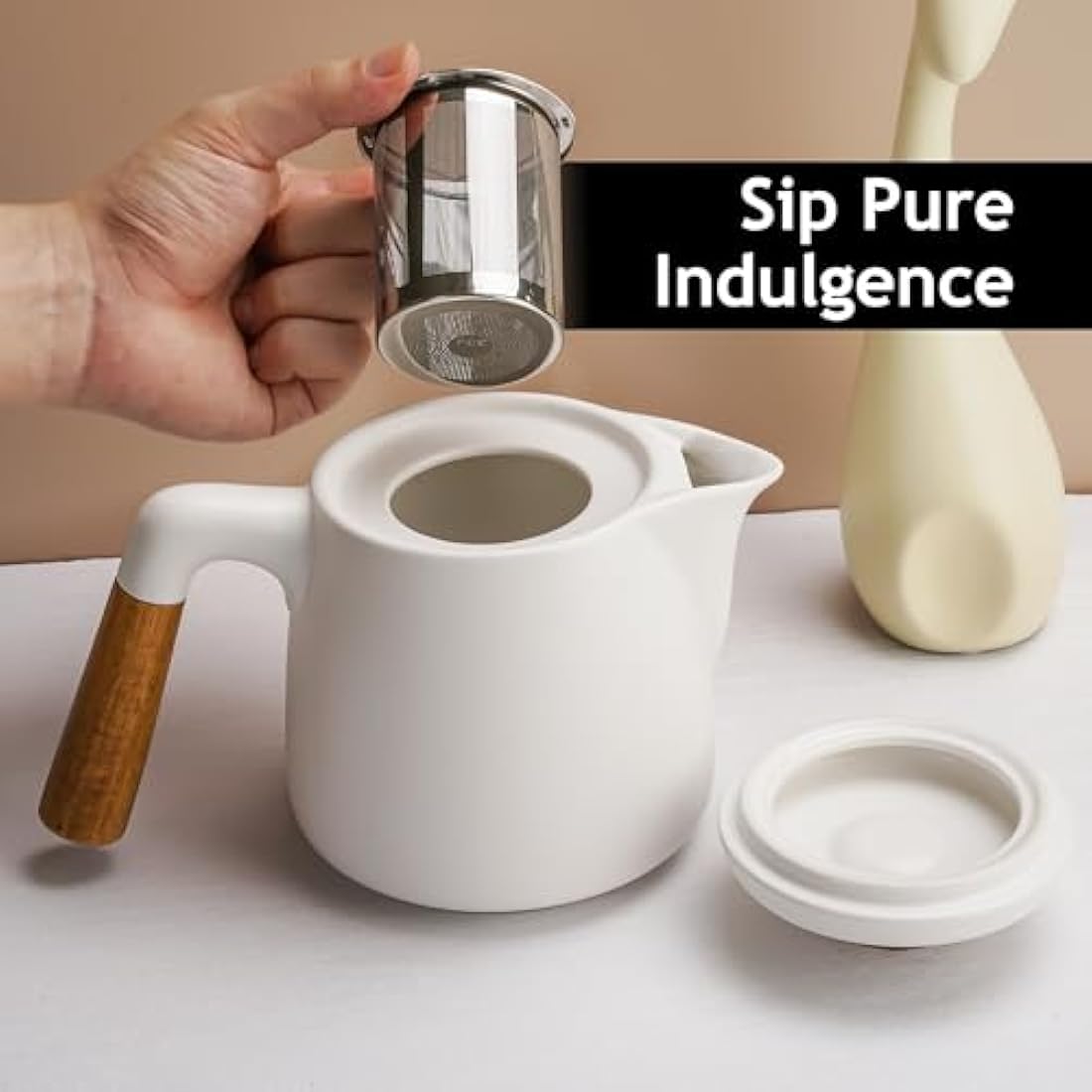 MIAMIO – 1000 ml Ceramic Tea Pot Set with Infuser and Cups/Tea Strainer, 4 Ceramic Tea Mugs (300 ml), Bamboo Saucers/Handle for Home and Office (White)