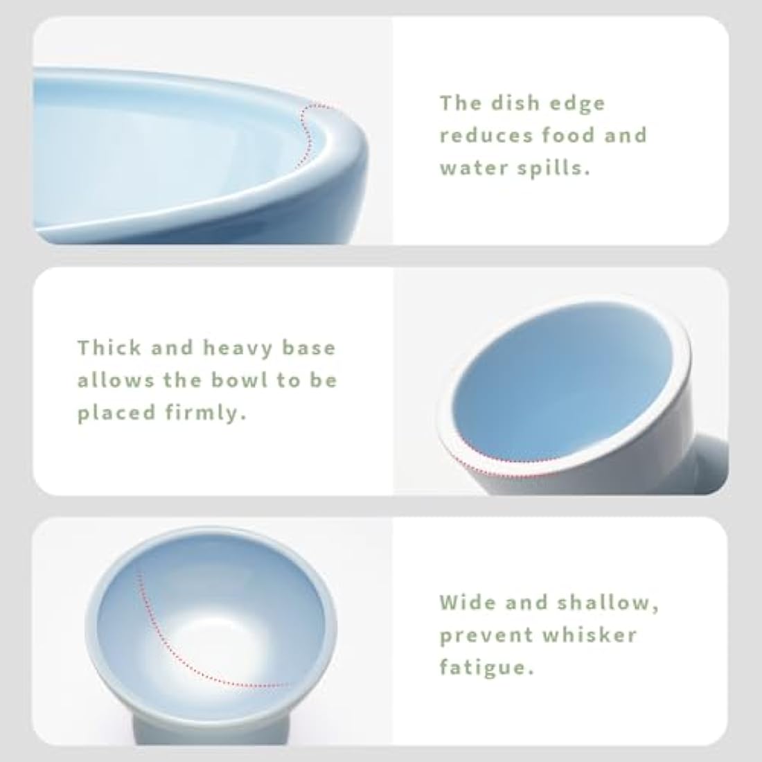CEEFU 2 Extra Wide Elevated Cat Food Bowl, Ceramic Cat Bowls for Food and Water, Wide Shallow Cat Food Dish, Whisker Fatigue, Lead & Cadmium Free, Great Height for Cat, Blue