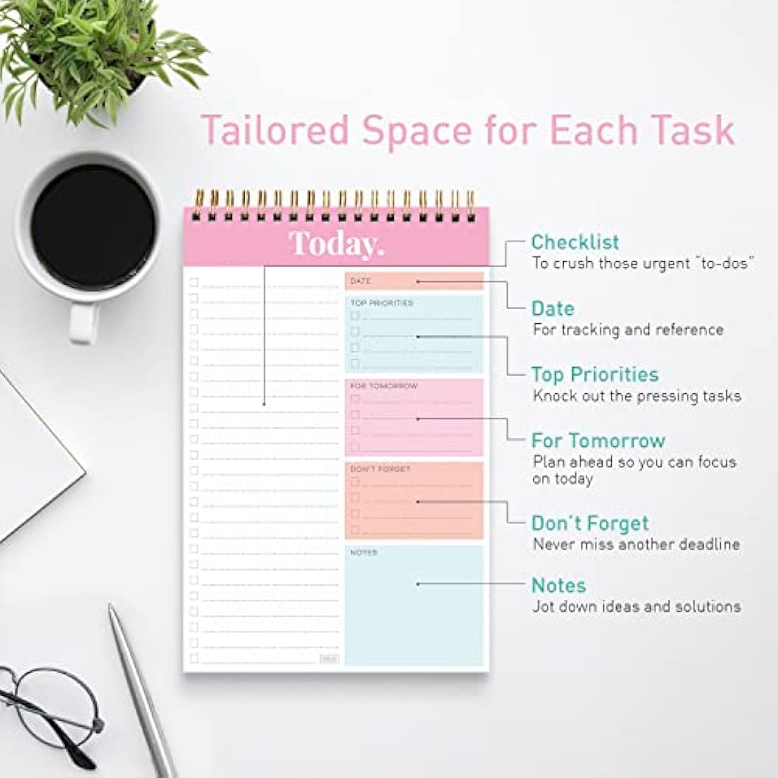 S&O Daily Planner Notepad for Productivity - 52 Page Routine Journal- Undated Writing pad and Organizer – Everyday To-Do List Action list - Coiled Regular Task Checklist- PINK