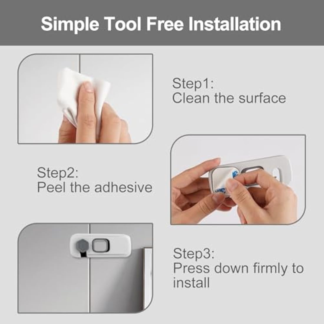 BECOMTO 5 Pack Childproof Refrigerator Lock,Cupboard Locks for Children,Freezer Lock Apply to Max 1"(25mm) Sealing Strip,Cabinet Cupboard Lock for Toddlers,Easy to Install,No Tools Need or Drill,Grey