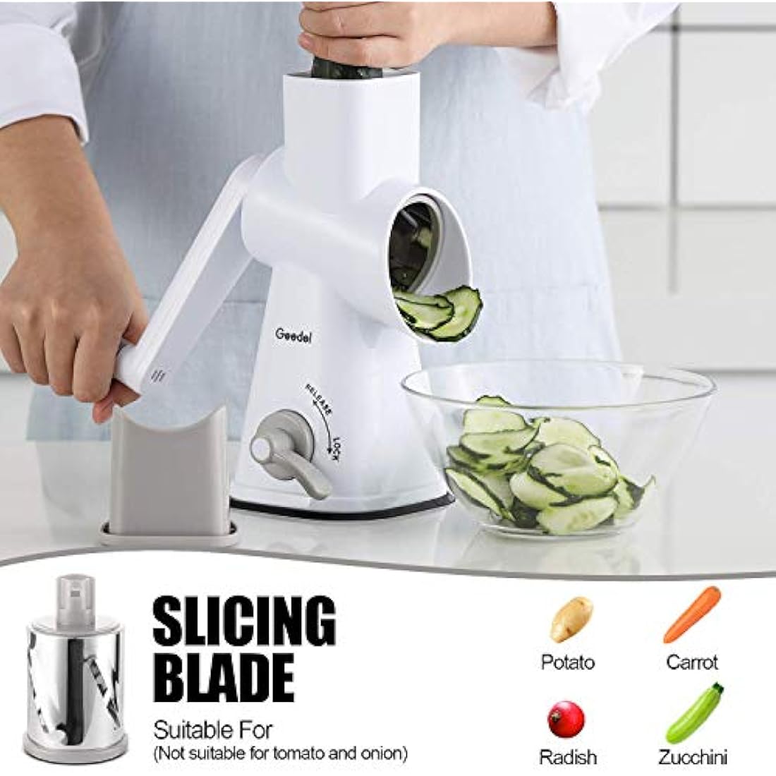 Rotary Cheese Grater, Mandoline Vegetable Slicer with 3 Detachable Drum Blades, Rotary Grater for Kitchen Dishwasher Safe, Effiently Cheese Grinder for Vegetables, Nuts, etc