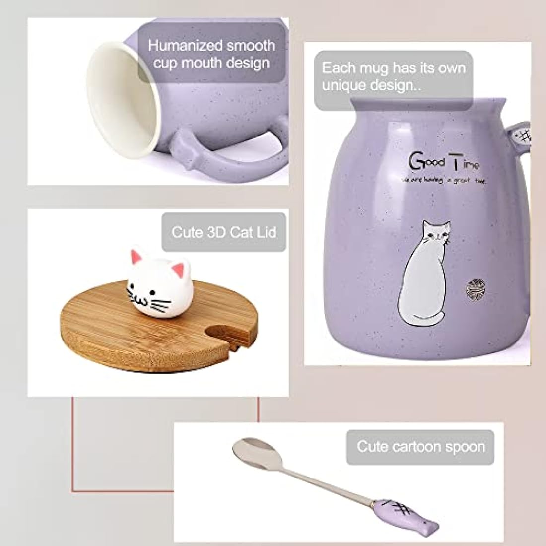 Cute Cat Mug Set of 4 Ceramic Coffee Cups with Lovely Kitty lid and Fish Spoon Novelty Morning Tea Milk Mug Set for Girls Women Christmas Birthday Gift Mug 450ML/15oz (4pcs,Blue Pink Purple Yellow)