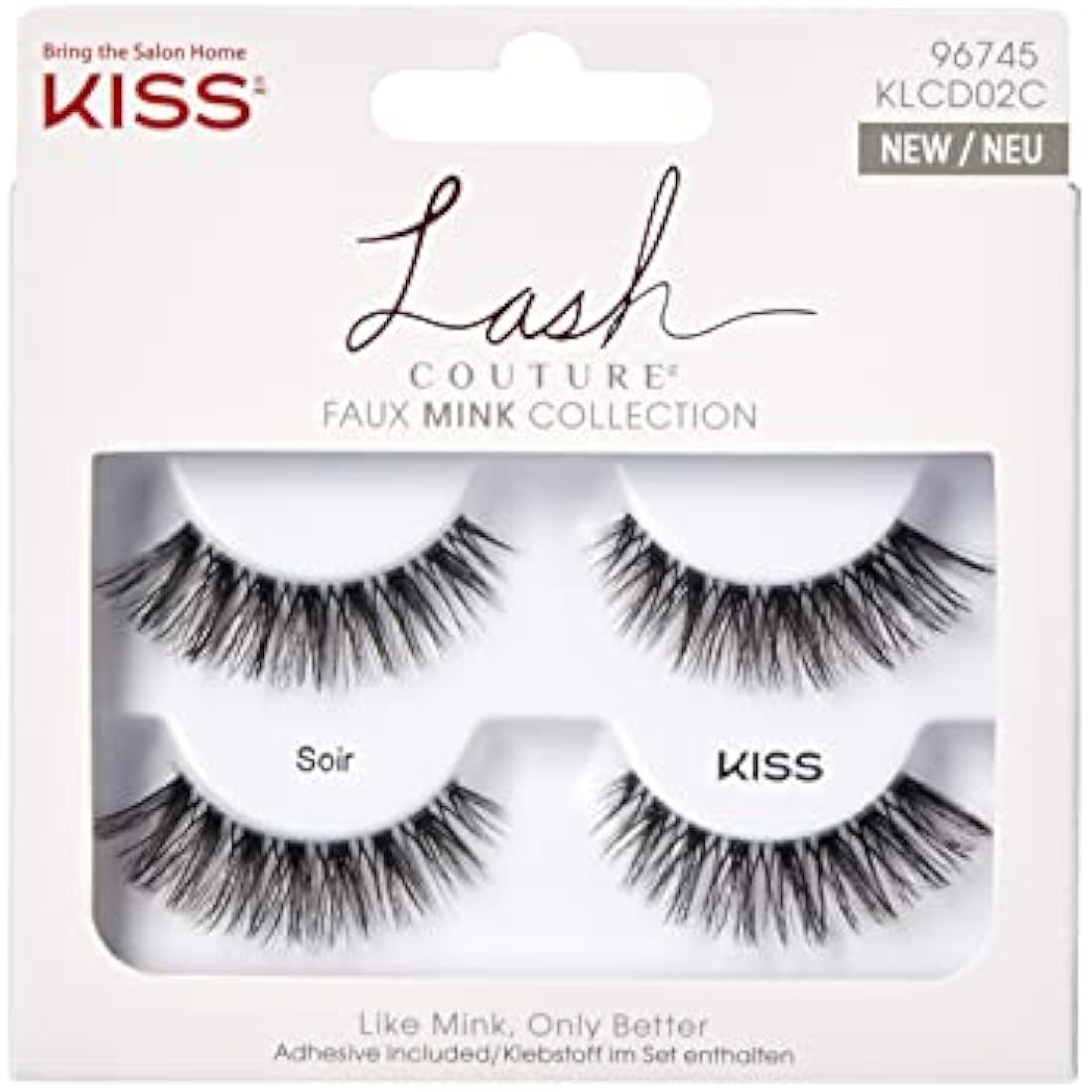 KISS Lash Couture Faux Mink Collection 2 Pairs of False Lashes, Soir, Ultrafine, Tapered, Synthetic Fake Lashes includes Lash Glue