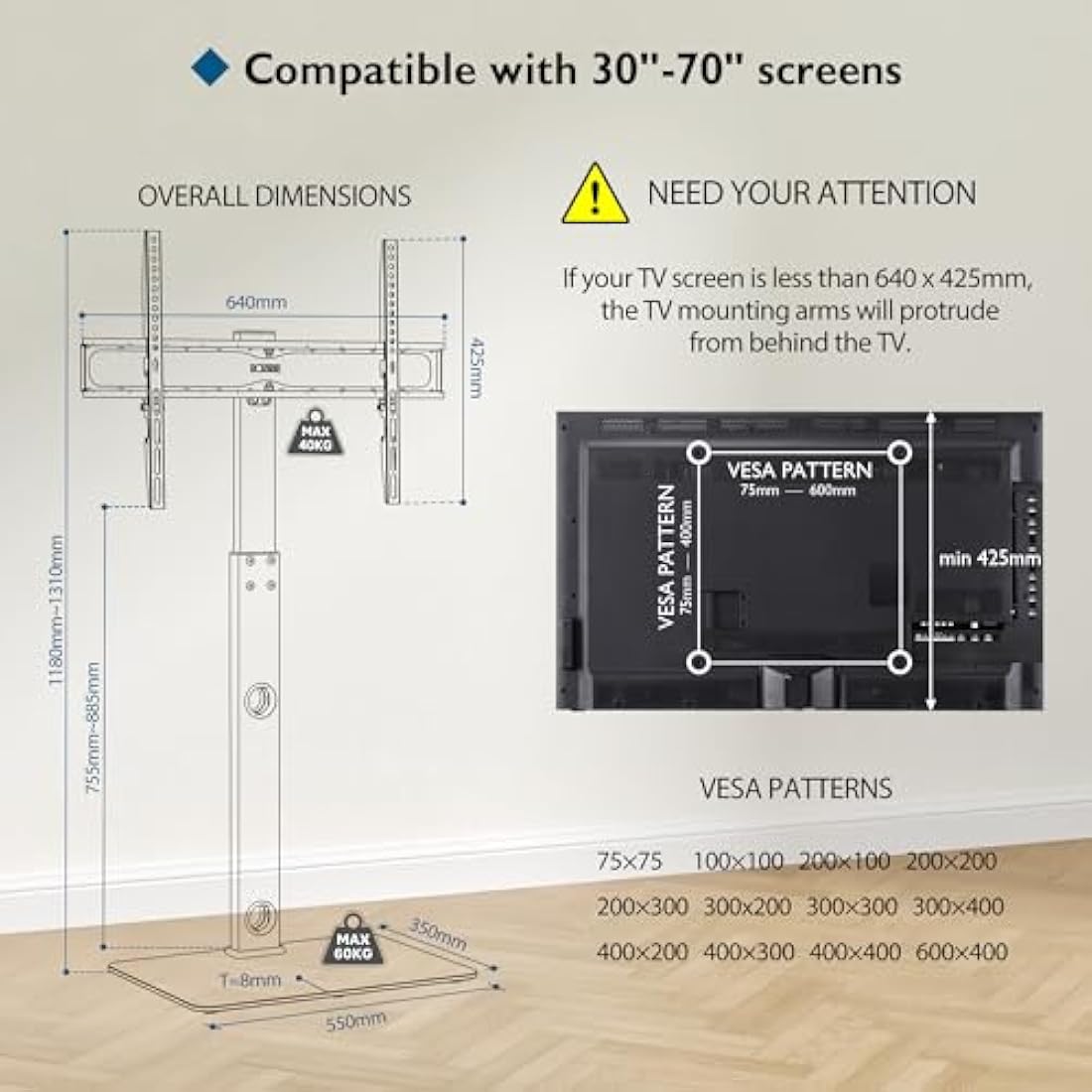 BONTEC TV Floor Stand for 30-70 inch LED LCD OLED Plasma Flat Curved TVs, Height Adjustable Tall TV Stand with Brackets up to 40kg, Max VESA 600x400mm White