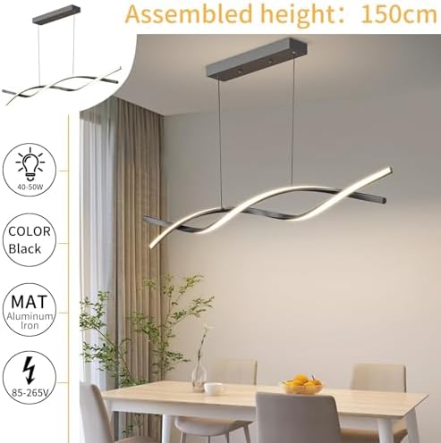 Mikeru 100CM Wave Pendant Light, 10%-100% Dimmable, Remote Control for 3 Colors Light 3000K/4500K/6000K, Black Kitchen Island Lights for Dining Room, Living Room