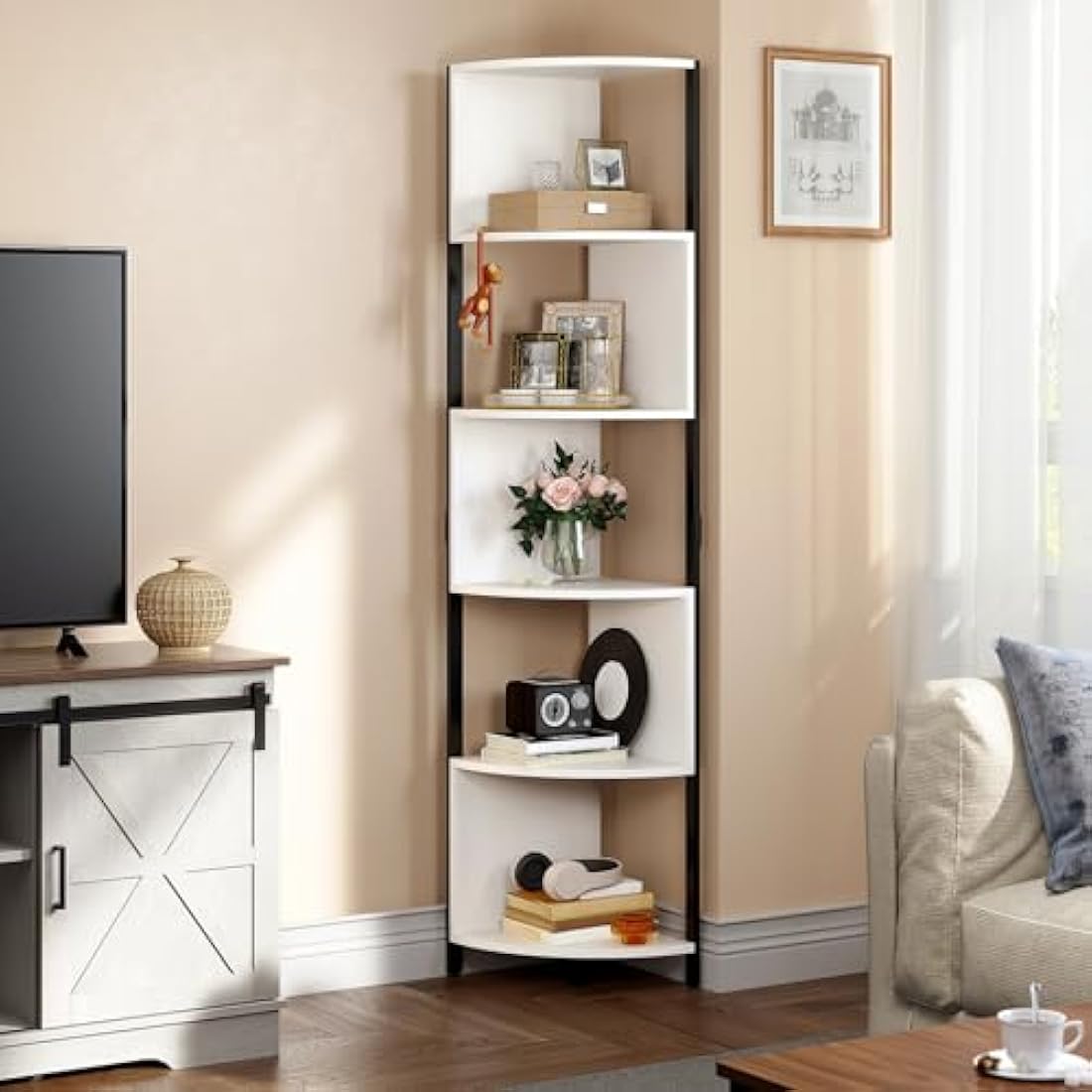 YITAHOME 6-Tier Corner Shelf, 68.8" Tall Modern Free Standing Zigzag Corner Bookshelf, 6 Shelf Display Corner Bookcase Open Small Book Shelves for Living Room, Home Office, Small Space, White