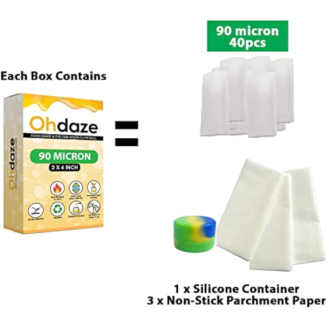 Ohdaze Nylon Filter Bags 2x4 inch | 40 Pack | 90 Micron Press Bags | 3 x Parchment Papers | 1 x Wax Container | Double-Stitch Nylon Micron Press Bags