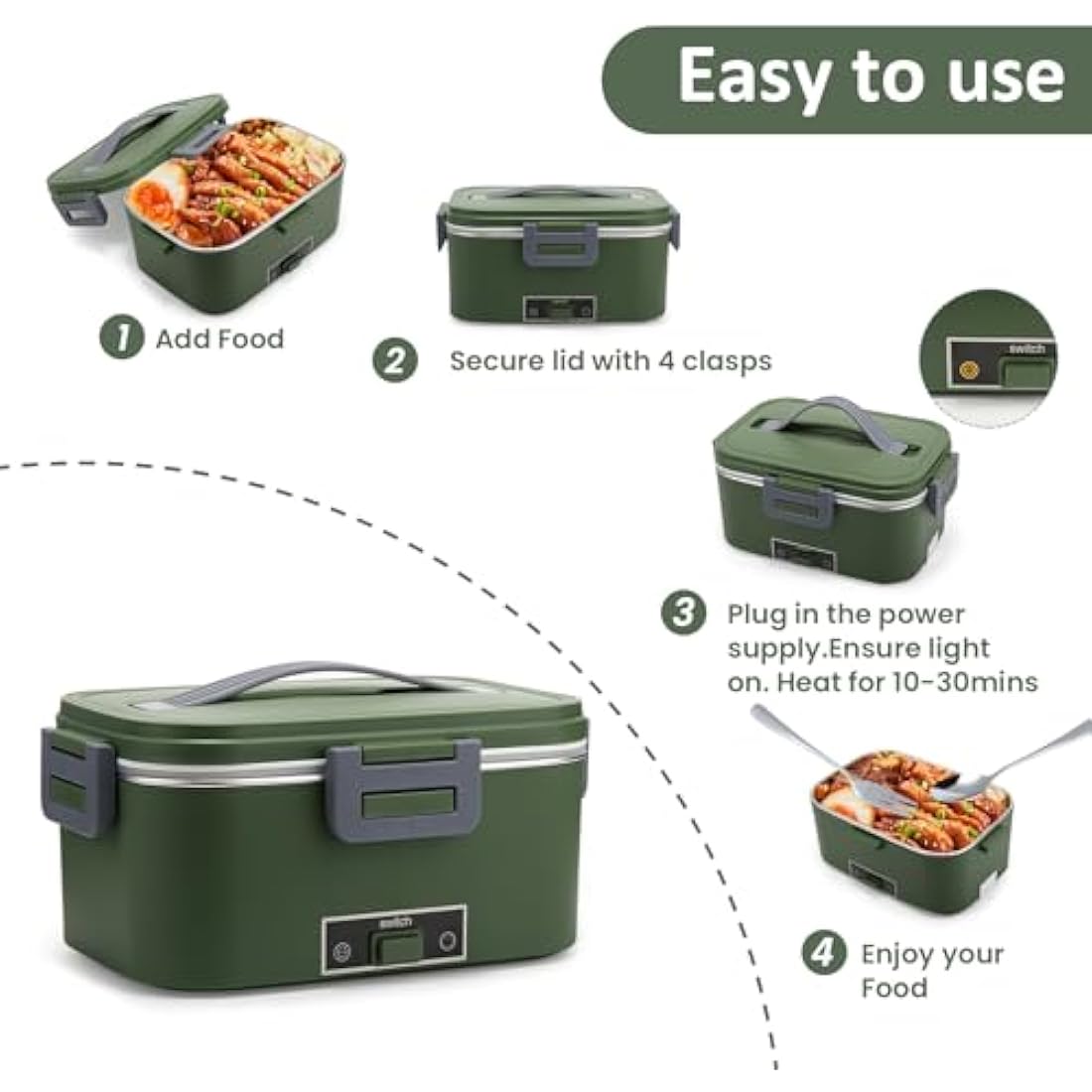 BYbrutek Electric Lunch Box 100W, 1.8L Removable Stainless Steel, 3-in-1 Portable Heated Lunch Box, 12V/24V/220V Insulated Heat Box for Car/Truck/Office/Home, with Insulated Bag and Sponge (Green)