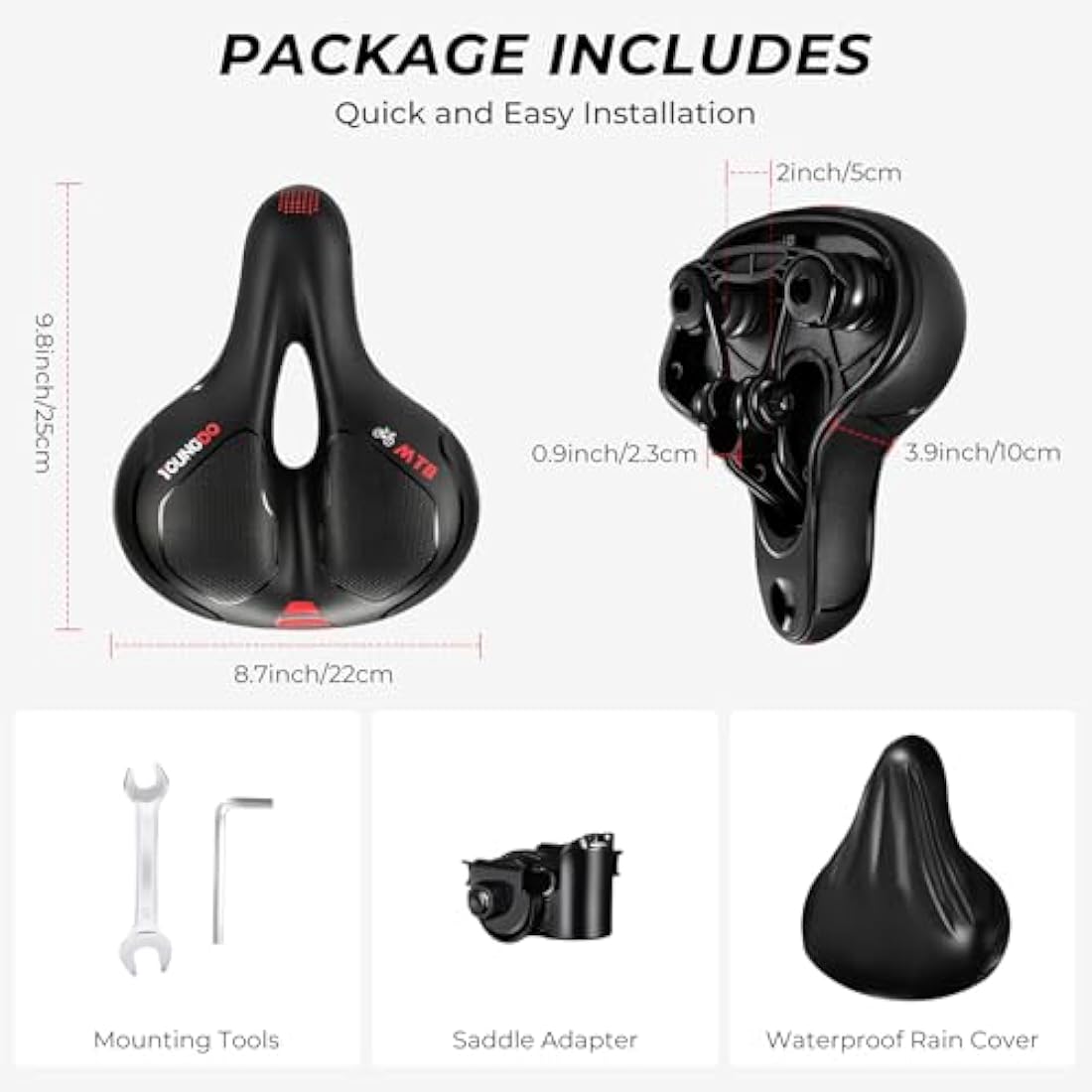 YOUNGDO Bicycle Saddle, Gel Bicycle Seat, Soft, Comfortable, Breathable, Shock-Absorbing, Ergonomic Bicycle Saddle with Waterproof Cover