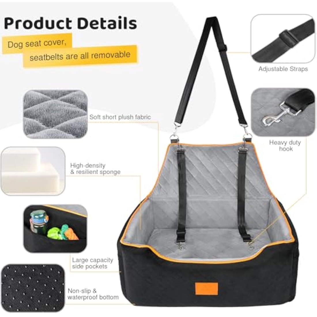 GL GLENSLAVE Dog Car Seat for Large/Medium Dogs, Dog Booster Seat for Pet Under 55Lbs or 2 Small, Detachable and Washable Travel Pet Bed with Thick Cushion and Storage Pockets (Black/Grey)