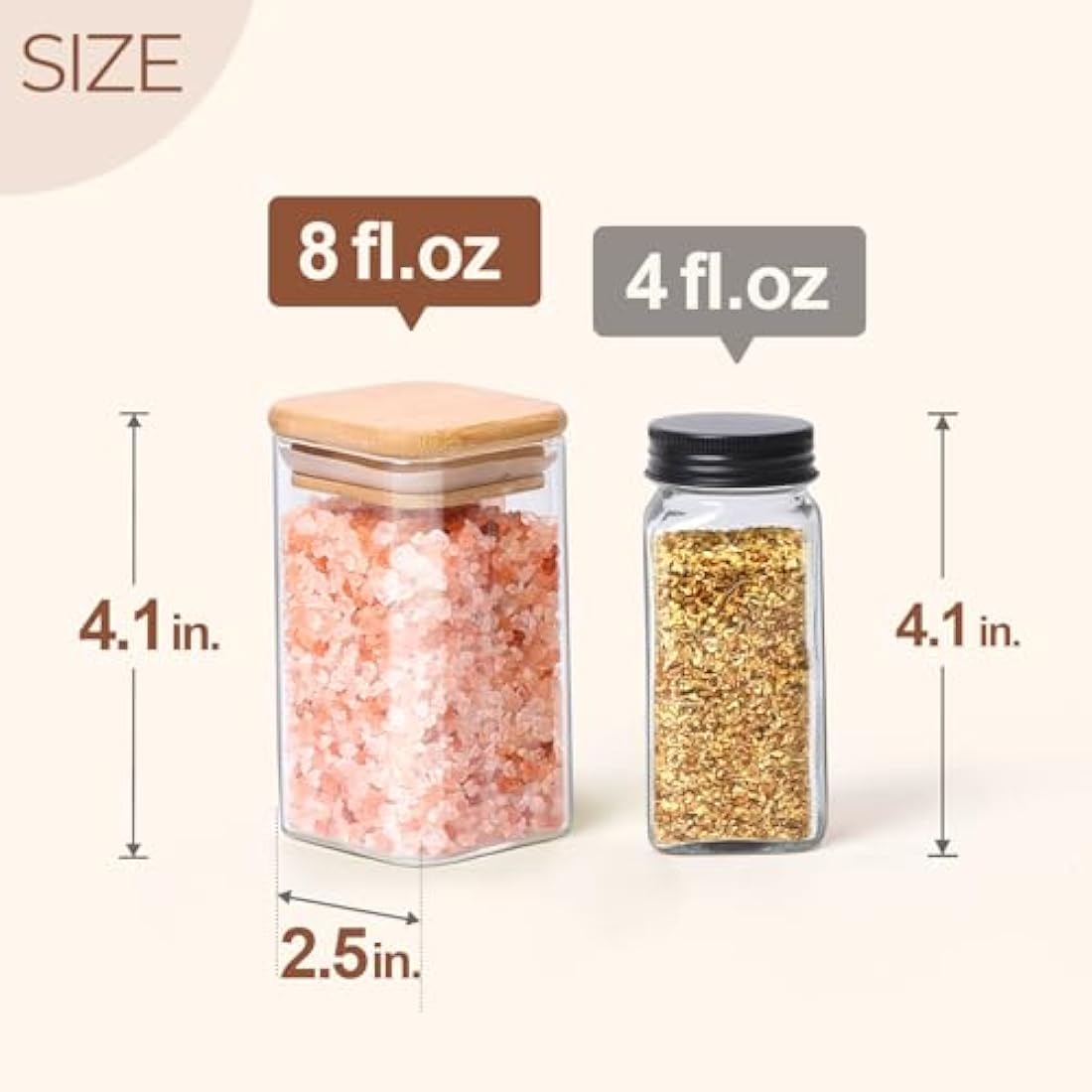 ComSaf 12 Pcs Glass Spice Jars with Bamboo Lids, 8oz/250ml Square Glass Storage Jars with 275 Black Lables, Airtight Spice Jars with Lids, Glass Container for Spice, Salt, Sugar, Seeds, Nuts etc