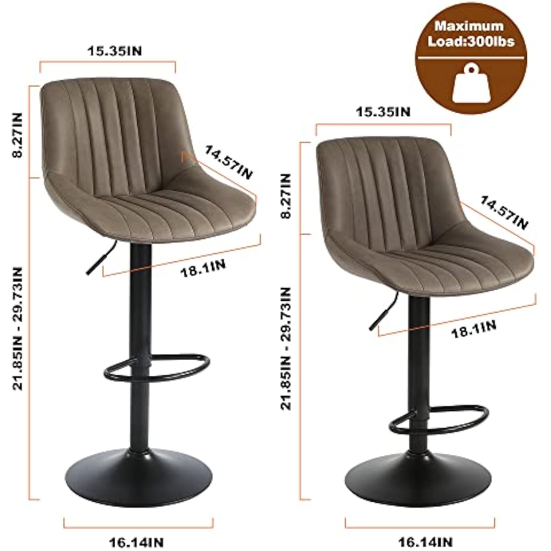 Youhauchair Bar Stools Set of 2, Swivel Counter Height Barstools with Back, Adjustable PU Leather Bar Stool, Modern Kitchen Breakfast Bar Stools, Brown