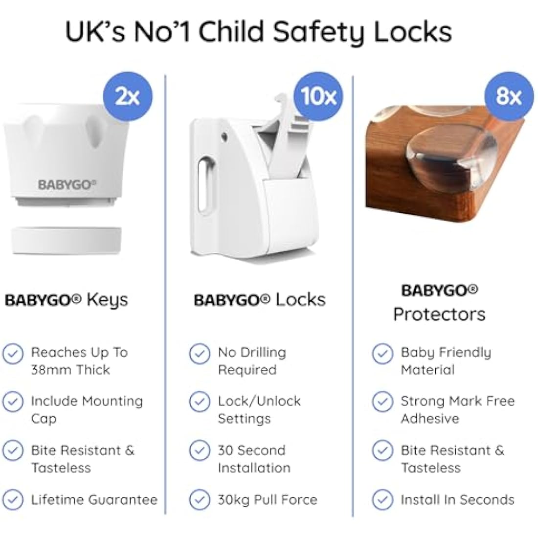 BABYGO® Magnetic Child Safety Cupboard Locks for Children 10 Locks, 2 Keys & 8 Free Corner Protectors Baby Proofing Kitchen Cabinets & Drawers Easy 30 Second Install (Safety Locks, White)