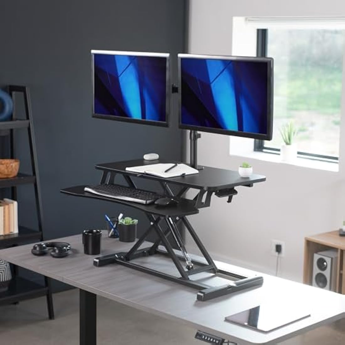 VIVO Height Adjustable 81 cm Standing Desk Converter with Dual 13 to 30 inch Monitor Stand, Sit Stand Monitor Mount and Desk Riser, Black, DESK-V000K-M2