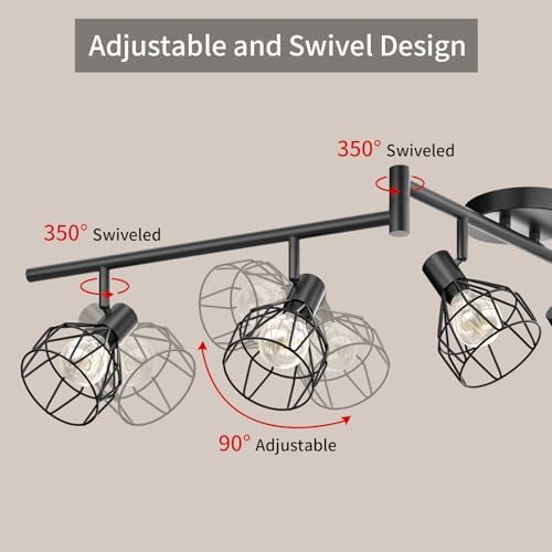 Dehobo Spot Light Fittings for Ceilings Adjustable Metal Wire Cage Kitchen Spotlight with E14 Base Black 6 Way Ceiling Light Industrial for Bedroom Bar Hallway Living Room No Bulb