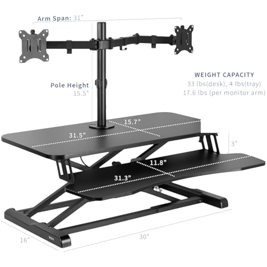 VIVO Height Adjustable 81 cm Standing Desk Converter with Dual 13 to 30 inch Monitor Stand, Sit Stand Monitor Mount and Desk Riser, Black, DESK-V000K-M2
