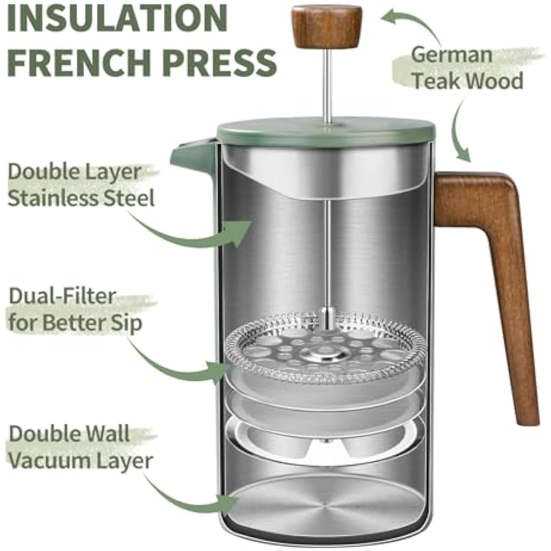 shoxil French Press Coffee Maker, 34oz Stainless Steel Green Coffee Press Real Wood Handle, Double Wall Insulated French Coffee Press with Dual-Filter Screen, Perfect for Camping & Kitchen Use
