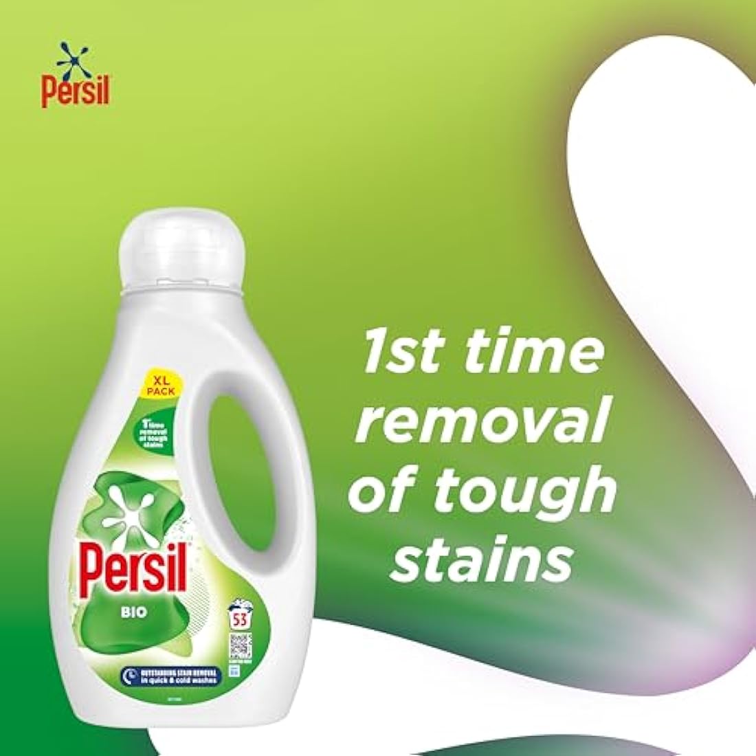 Persil Bio Laundry Washing Liquid Detergent 1st time removal of tough stains outstanding stain removal in quick & cold washes 53 washes (1.431 L)
