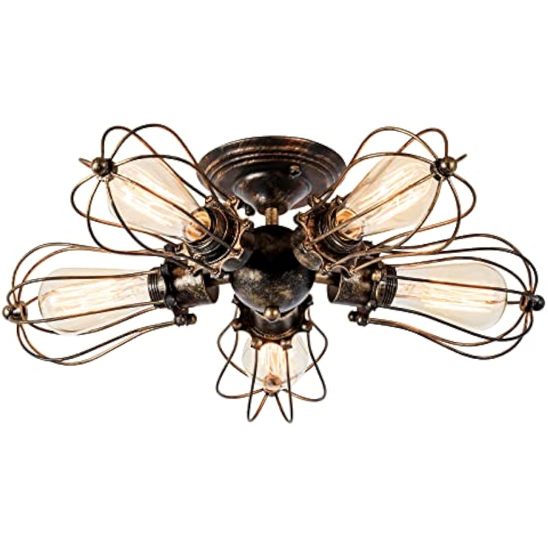 LULING Vintage Ceiling Light Industrial, Chandeliers E27 Socket Metal Wire Cage Lamp Semi-Flush Mount Rustic Ceiling Light Metal Lamp Fixtures (No Bulb) (with 5 Light) (Bronze)