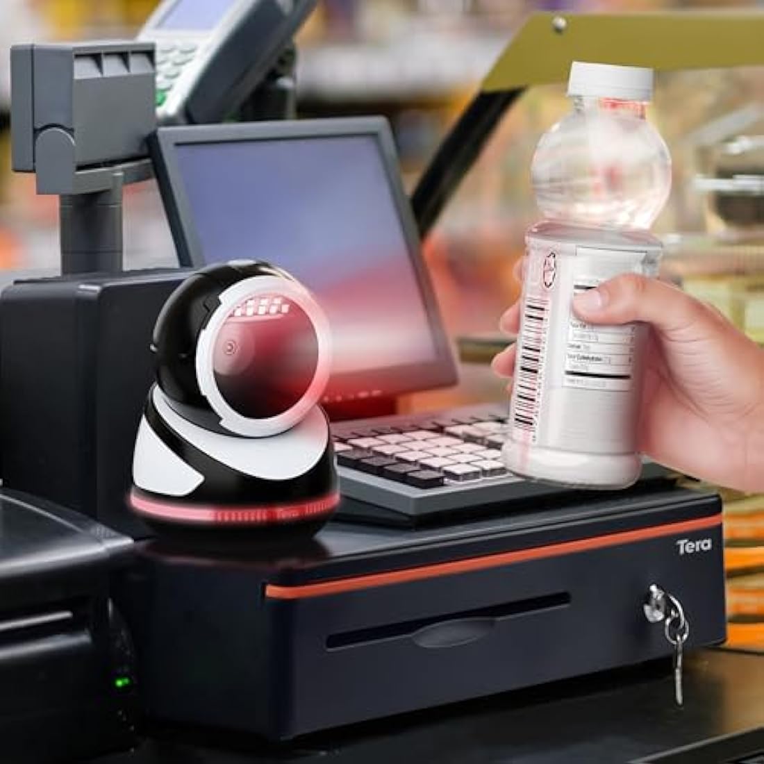 Tera Barcode Scanner Handsfree Omnidirectional: Pro Version Desktop 1D 2D QR USB Wired Adjustable Angle Plug and Play Bar Code Reader for POS Supermarket Retail Store Mobile Payment Model 9800 White