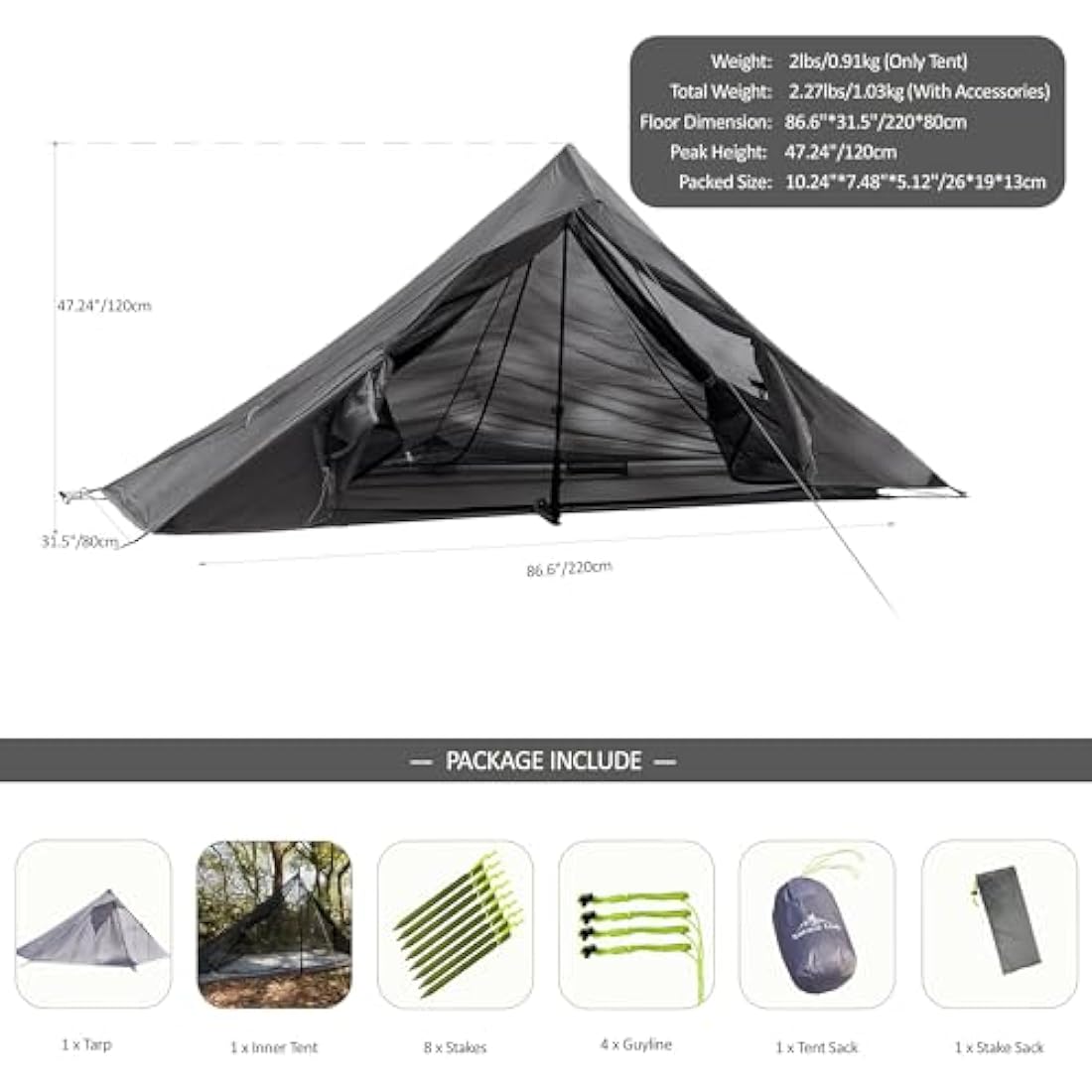 Nature Link Altair One Ultralight Trekking Pole Backpacking Tent, Waterproof SIL Nylon, Double Wall, 3 Season, 1 Person Shelter for Backpacking, Hiking, Camping, Trekking, Bushcraft