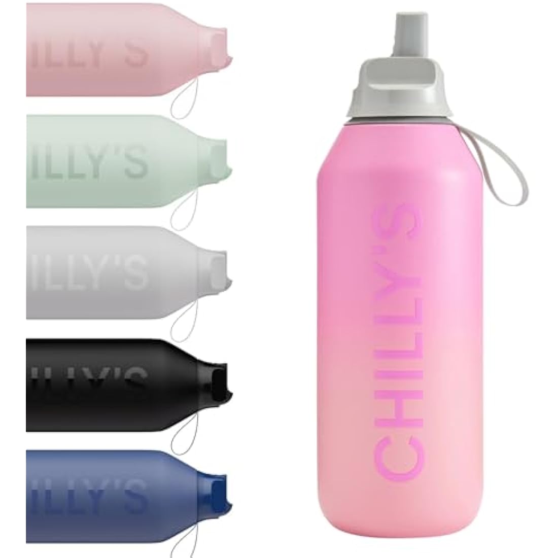 Chilly's Series 2 Flip Water Bottle with Sports Lid, Telescopic Straw and Nylon Carry Loop - Easy Flip Lid, Straw Cleaning Brush Included