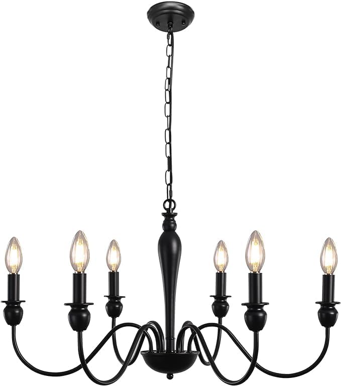 MRHYSWD Black Chandelier, 6 Lights Metal Vintage Chandeliers Ceiling Lights Living Room Bedroom Kitchen Hall, Vintage Pendant Light with E14 Socket - Height Adjustment - Without Bulbs