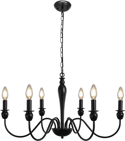 MRHYSWD Black Chandelier, 6 Lights Metal Vintage Chandeliers Ceiling Lights Living Room Bedroom Kitchen Hall, Vintage Pendant Light with E14 Socket - Height Adjustment - Without Bulbs