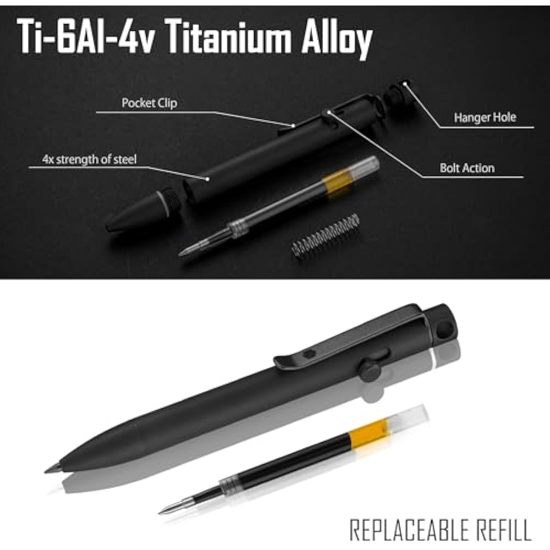 KeyUnity KP03 Ballpoint Pen with Clip, EDC Pocket Pen Titanium Alloy Retractable Ballpoint Pen for Daily Use, (Black)