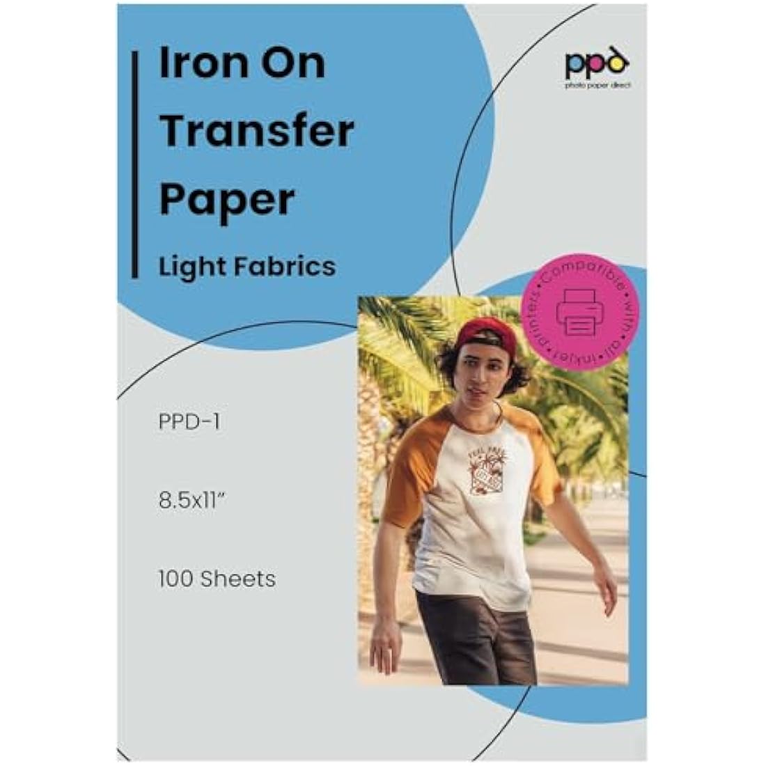 PPD Iron on Transfer Paper for Inkjet Printer for Light Fabric, A4, 8.5x11 Printable Paper for Clothing, T Shirts and Cotton Textiles, Print and Cut Heat Transfer, DIY at Home, Washable (100 Sheets)