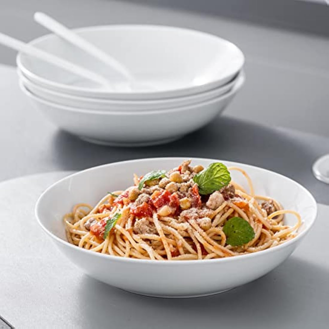 MALACASA, Series Regular, 8'' Pasta Bowl, Porcelain Salad Pasta Bowl, Large Ceramic White Soup Bowl Set, Serving Plates for Salad Pasta Soup Fruit, Microwave Dishwasher Safe, Set of 4