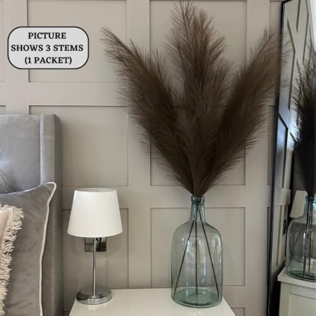 VOULUX Extra Large Tall Dark Brown Fake Faux Artificial Pampas Grass Large Fluffy x3 115cm Stems x18 Decorative Artificial Flora Feathers For Floor Vases Tall Plant Flowers Long Pampas Grass