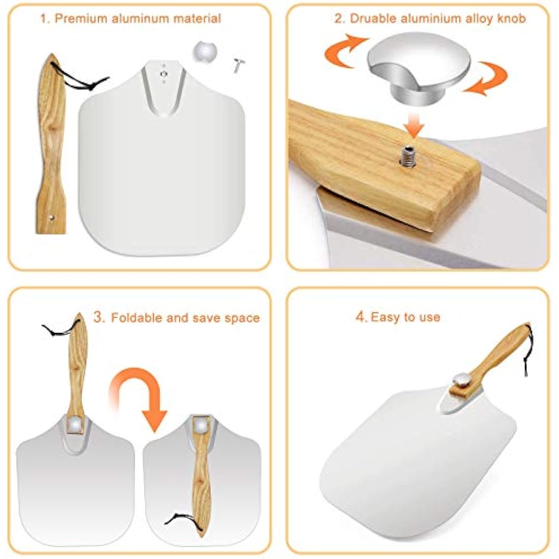 LKE Pizza Peel Aluminum Metal Pizza Paddle with Foldable Wood Handle Easy Storage Pizza Shovel 12 inch for Baking Homemade Pizza