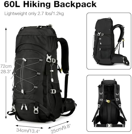 Outplea 60L Hiking Backpack Waterproof for Men Women, Large Camping Backpack with Rain Cover, Mesh Back Hiking Backpack for Travel Trekking Backpacking