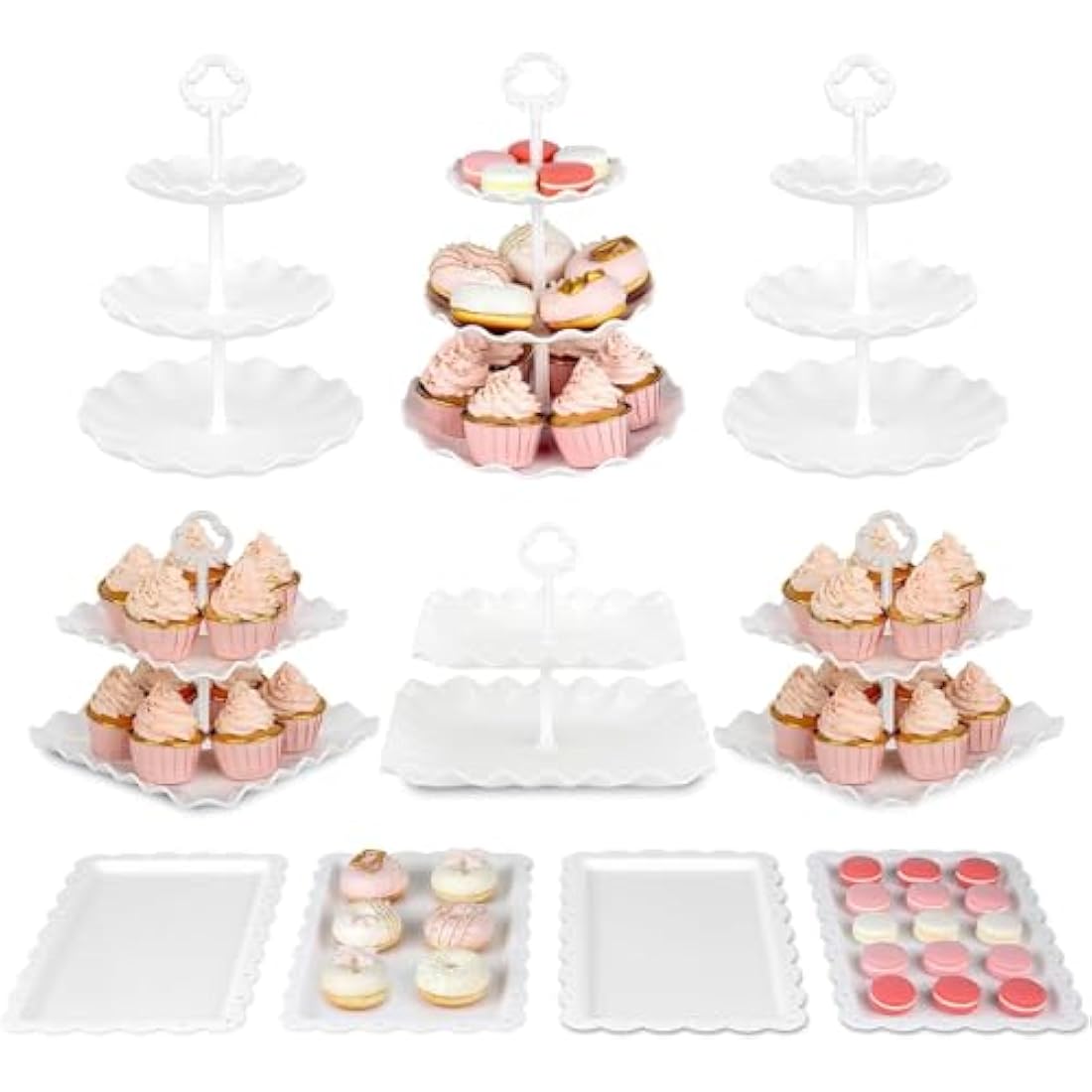 Pack of 10 NWK Cake Stand, Cupcake Stand, with 3 x Two-Tier Cupcake Stands, 3 x Three-Tier Cupcake Stands, 4 x Appetizer Trays, for Birthday Baby Bridal Shower Party (White)