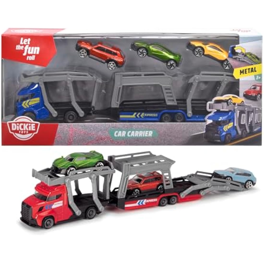 Majorette Car Carrier 2-asst - Free-wheeling car transporter with three die-cast toy cars - included in the set. - 28cm long