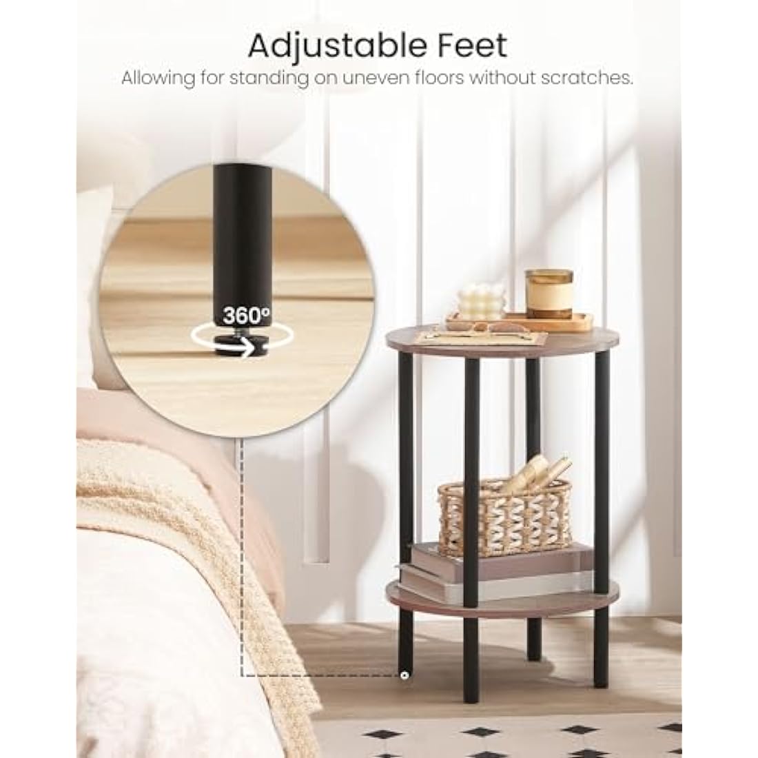 CHOEZON Round Side Table, 2-Tier End Table, Small Round Nightstand with Sturdy Metal Tube, Industrial Coffee Tables, for Living Room, Bedroom, Greige and Black DTBZ01BG