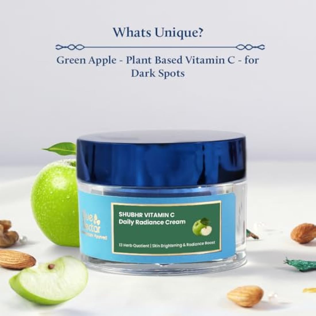 Blue Nectar Natural Vitamin C Face Cream for Glowing Skin, Dark Spot Removal with Green Apple & Almond Oil (13 Herbs, 50g)