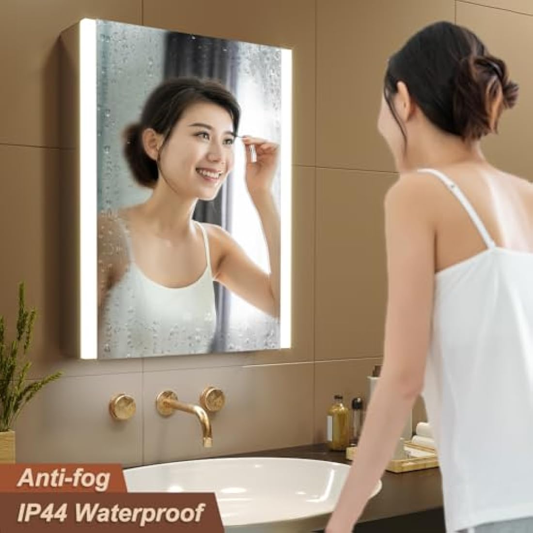 KWW LED Mirror Medicine Cabinet with Lights, LED Medicine Cabinet w/Defogger, Dimmer, 3 Color Light Makeup Mirror (55 x 70 cm)
