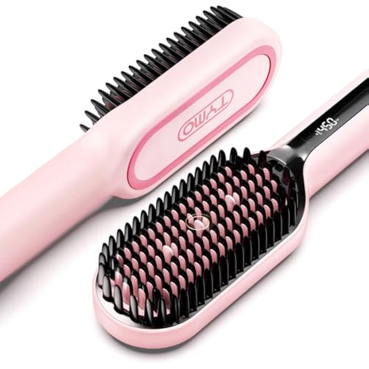 TYMO Ionic Plus Hair Straightener Brush UK, Upgraded Straightening Brush with Dense Bristles for Thick Hair, 16 Temps (80℃~230℃) LED Display, 10 Million ions, Dual Voltage, Hot Brush for Women (Pink)