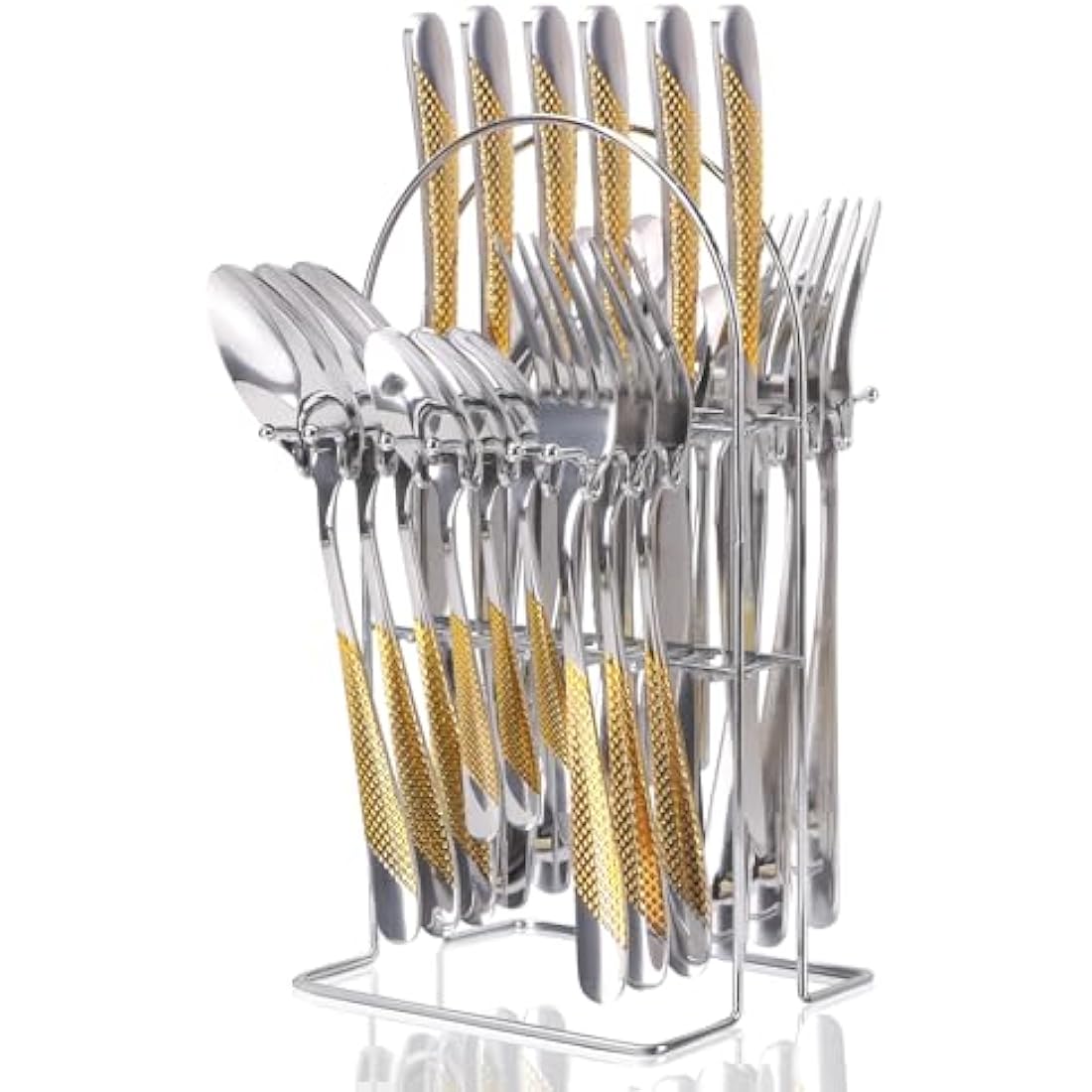 Gilded Silverware Set, 24 Piece Cutlery Set with Holder, Service for 6, Mirror Polished Tableware Set for Home Kitchen (Gold Silvery)