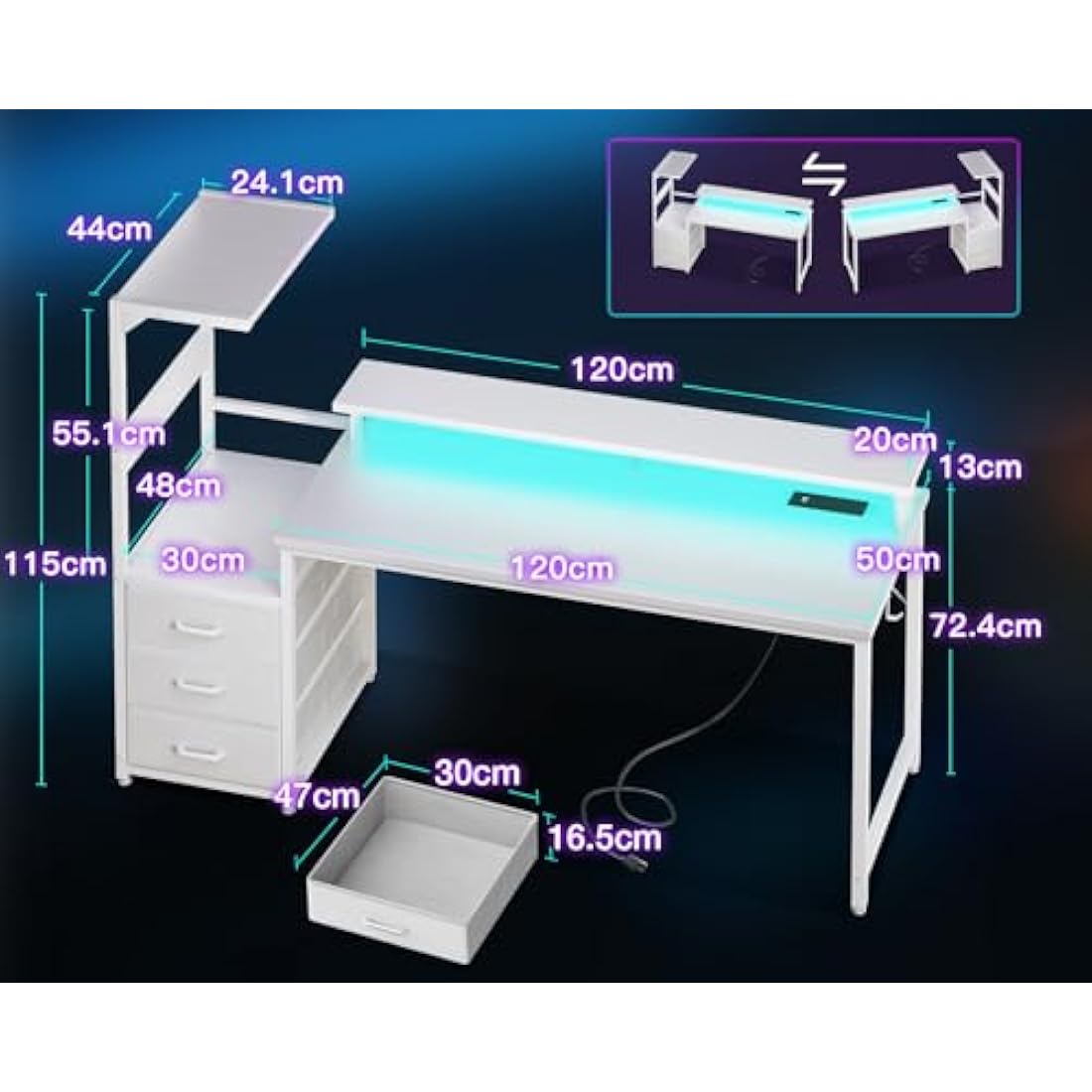 Coleshome 150×50 cm Gaming Desk with LED Lights & Power Outlet, Reversible Computer Desk with Drawers, Gaming Table with Storage & Monitor Stand, Carbon Fiber White