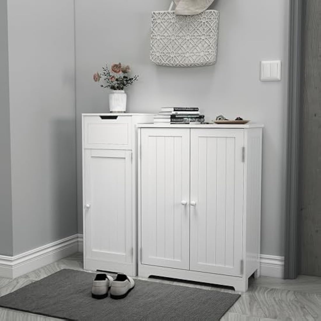 Mondeer Bathroom Floor Cabinet, Storage Unit With 1 Drawer 1 Door 2 Shelves, 32x30x87cm White MDF Painted Wood Free Standing Cupboard for Bathroom Living Room Porch
