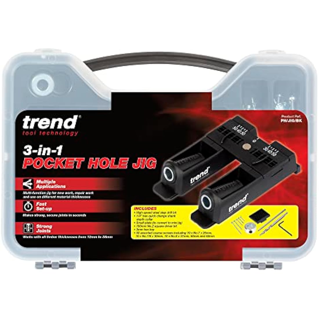 Trend 3 in 1 Pocket Hole Jig Kit with Pocket Hole Jig, HSS Drill Bit & Depth Setting Collar, Square Drive Bit, 50 Screws & Kit Storage Case, PH/JIG/BK