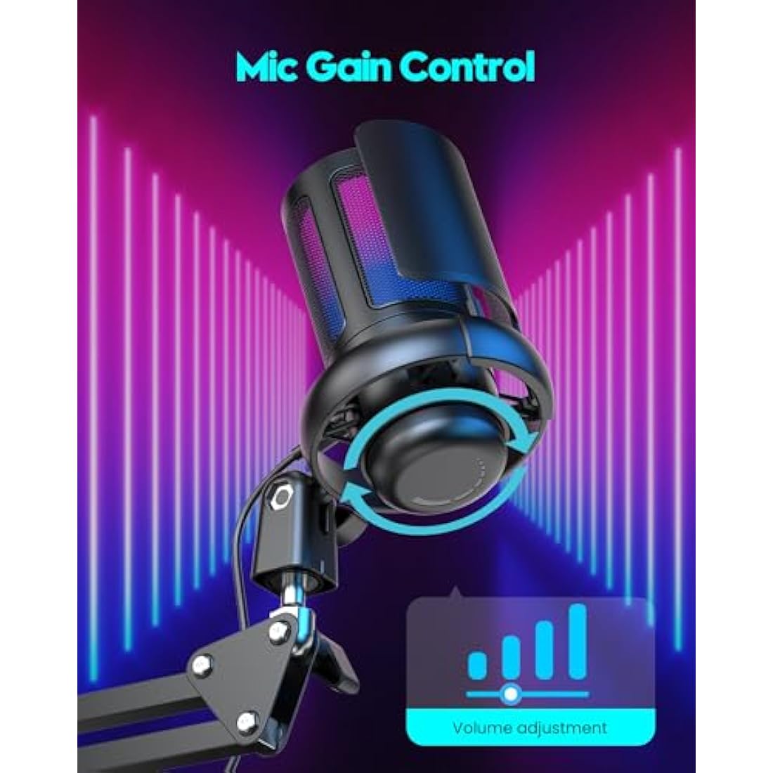 QIUOIO RGB Gaming Microphone with Boom Arm: USB Mic for PC - Streaming & Podcast Microphone Accessory - Suitable for YouTube & TikTok