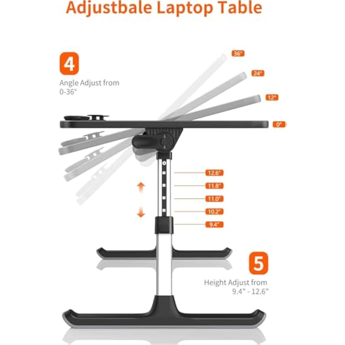 Desk, Table, SAIJI Adjustable Laptop Stand, Breafast Tray, 5 Heights, 4 angles, Stable folding Table for Bed Sofa Desk, Fit up to 17'' Laptop (60 * 33cm Black)